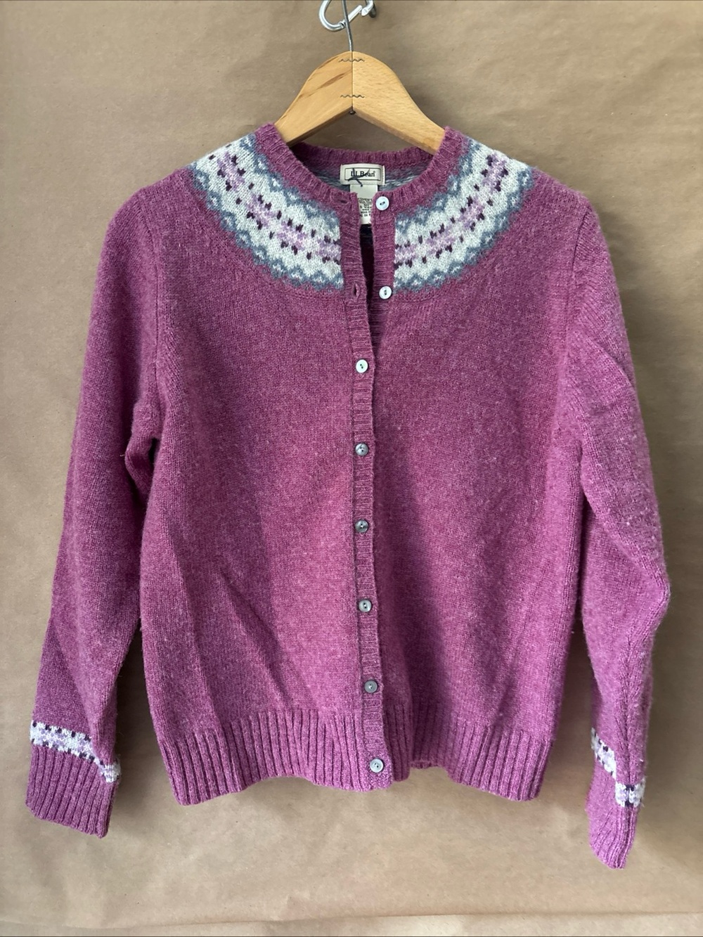 LL Bean Womens Shetland Wool Fair Isle Cardigan Sweater Pink Small